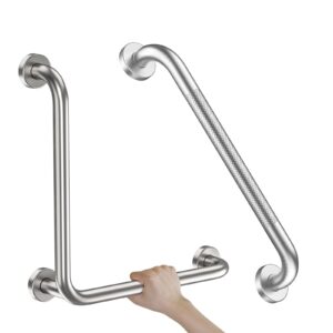 brushed nickel angled grab bar 16 inch, zepolu stainless steel l-shaped safety grab rail, bathroom mobility aid handrail, wall mounted balance support assist shower handle for senior elderly handicap