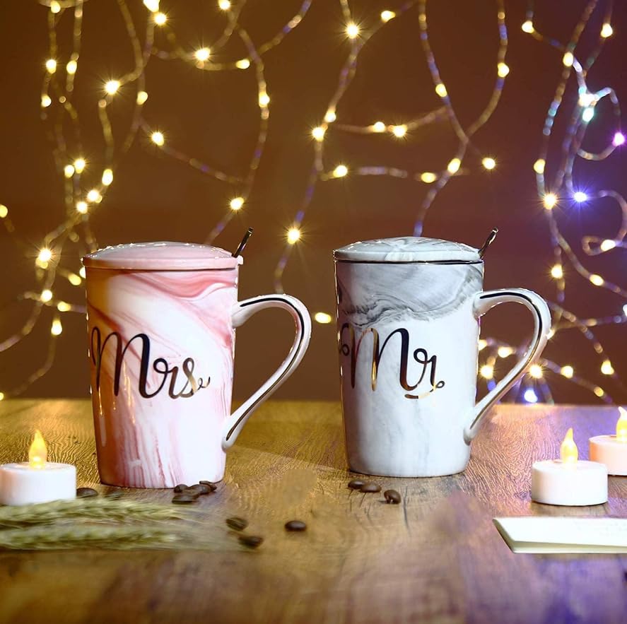 Biching Wedding Gift for Couples, Engagement Gifts for Couples, Couple Gift for Anniversary, Bridal Shower Gifts, Mr and Mrs Gifts for Parents - 14 Oz Ceramic Marble Coffee Mugs Gift Set