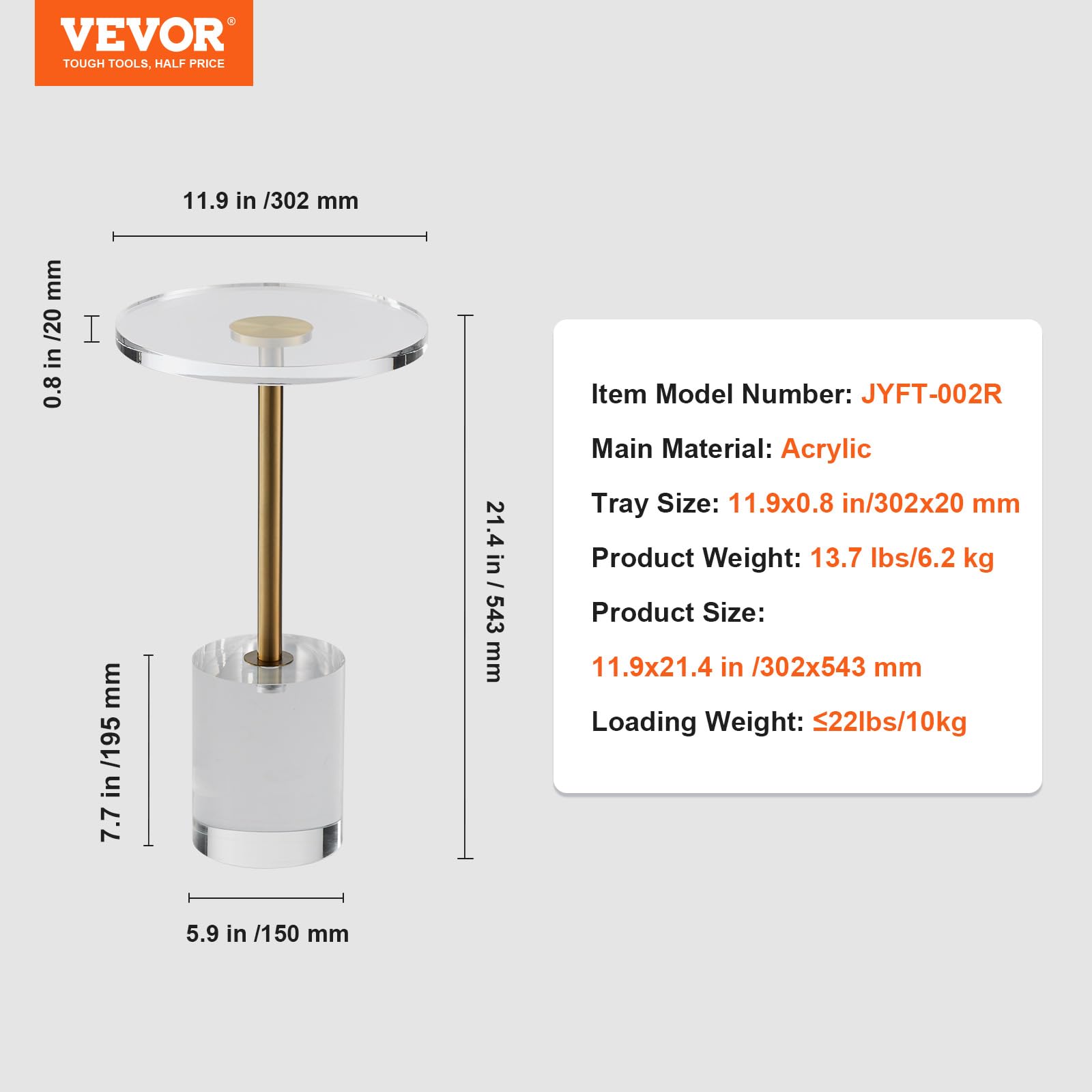 VEVOR Clear Acrylic End Table, Acrylic Side Table with a Solid Base for Coffee, Drink, Food, Snack Used in Living Room & Bedroom