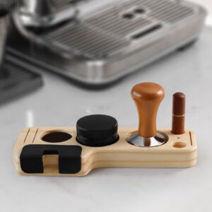 ＫＬＫＣＭＳ Espresso Accessories Kits Espresso Tamping Stand Set Barista Part Multipurpose Coffee Tamper Distributor and Stirrer for Counters Shop Cafe, Pine Wood 58mm