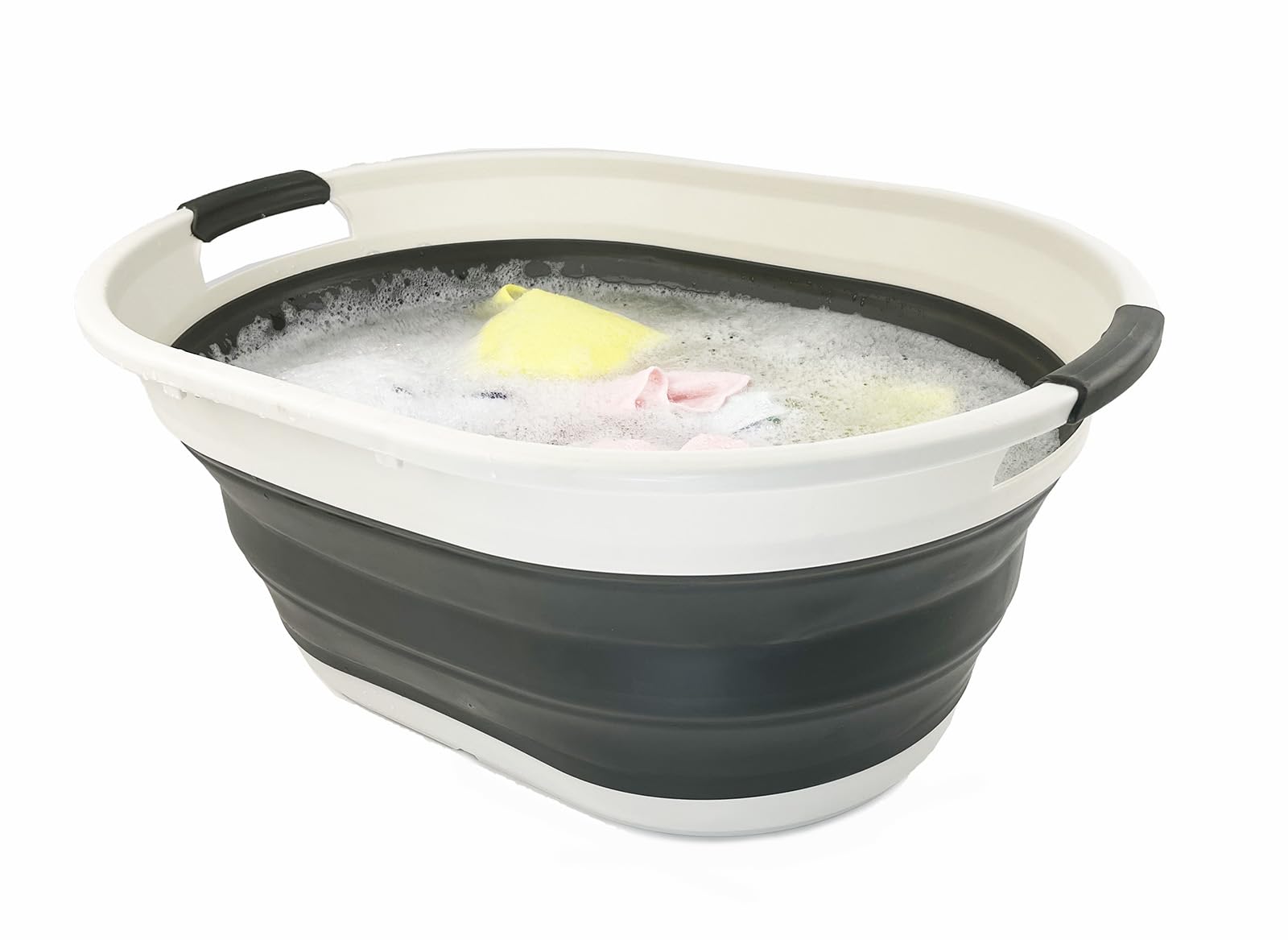 SAMMART 39L (10.3 gallons) Collapsible Plastic Laundry Basket - Foldable Washing Tub - Easy Storage & Pop Up Saving (Grey/Washed Black)