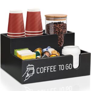 ugiftt coffee bar organizer countertop coffee station organizer, wood coffee cup dispenser lid holder for counter, disposable cup holder wall mount, farmhouse coffee bar accessories and organizer