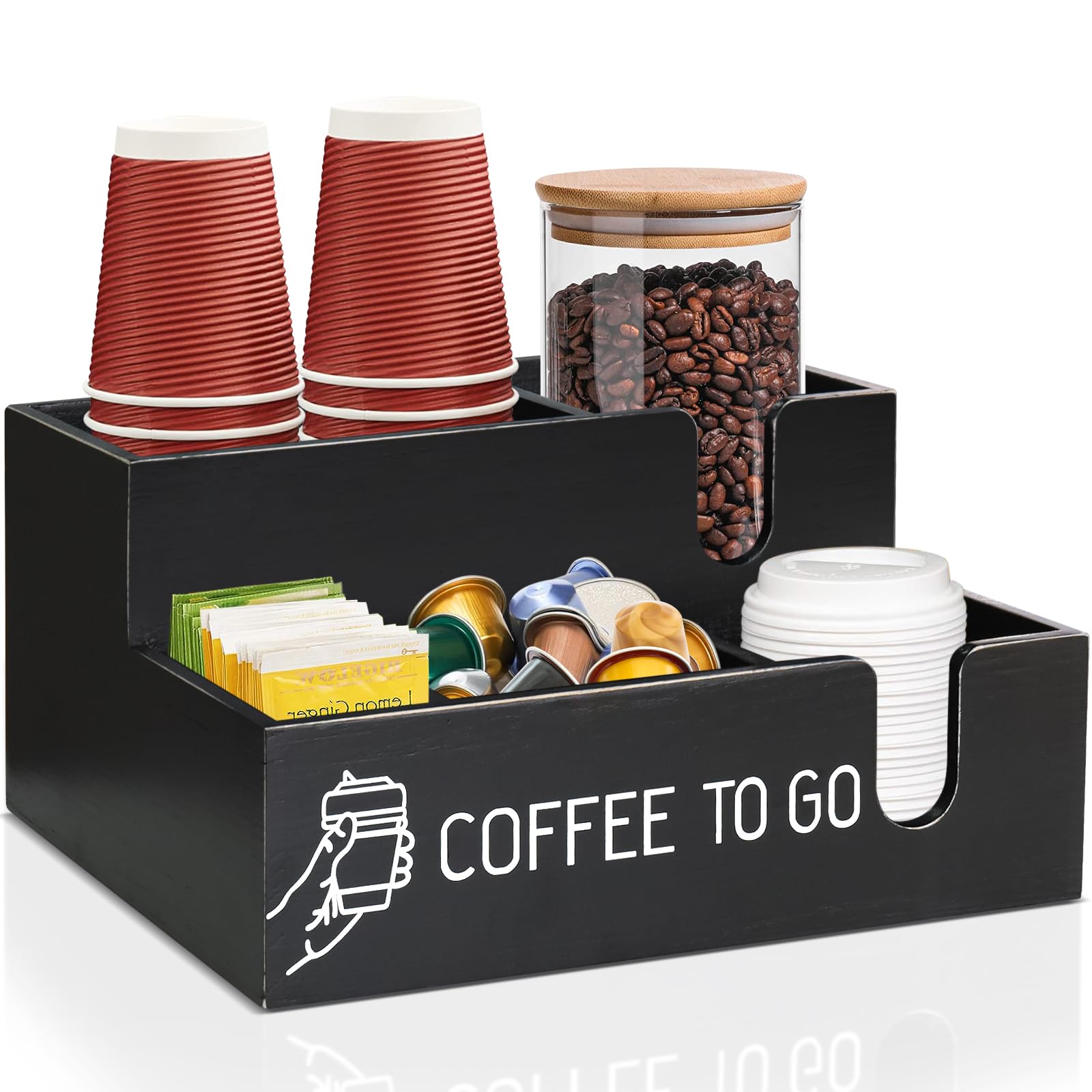 ugiftt Coffee Bar Organizer Countertop Coffee Station Organizer, Wood Coffee Cup Dispenser Lid Holder for Counter, Disposable Cup Holder Wall Mount, Farmhouse Coffee Bar Accessories and Organizer