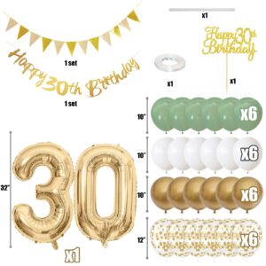 30th Birthday Decorations for Women Men, Happy 30th Birthday Banner with Birthday Cake Topper Number 30 Foil Balloon Sage Green White Gold Birthday Balloons for 30 Year Old Birthday Party Decoration