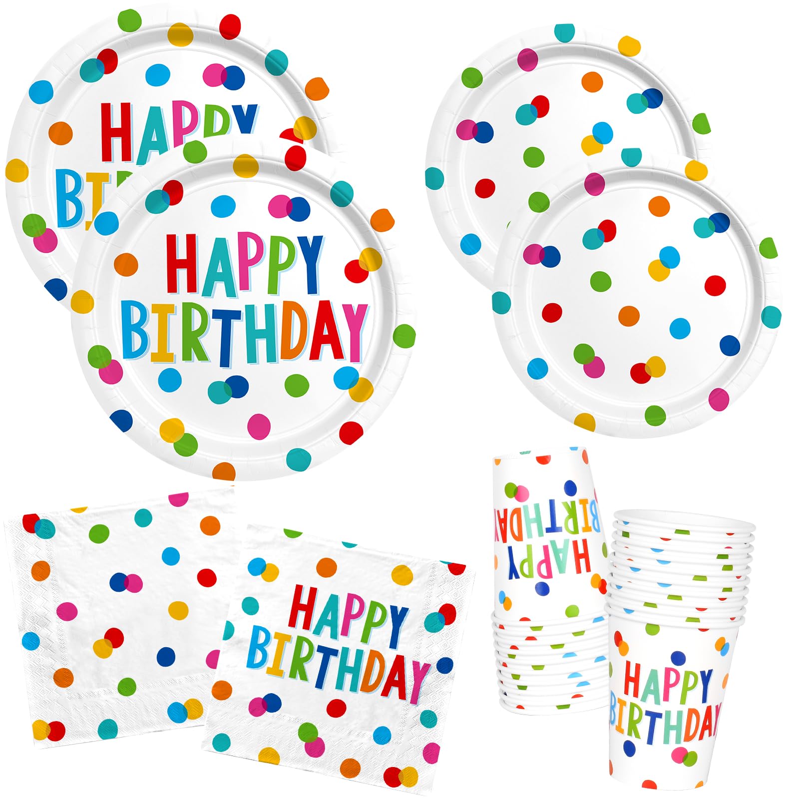 Happy Birthday Decorations: Kids' Birthday Party Supplies with Dots Design - Includes Happy Birthday Plates and Napkins, Disposable Paper Cups, Serves 16