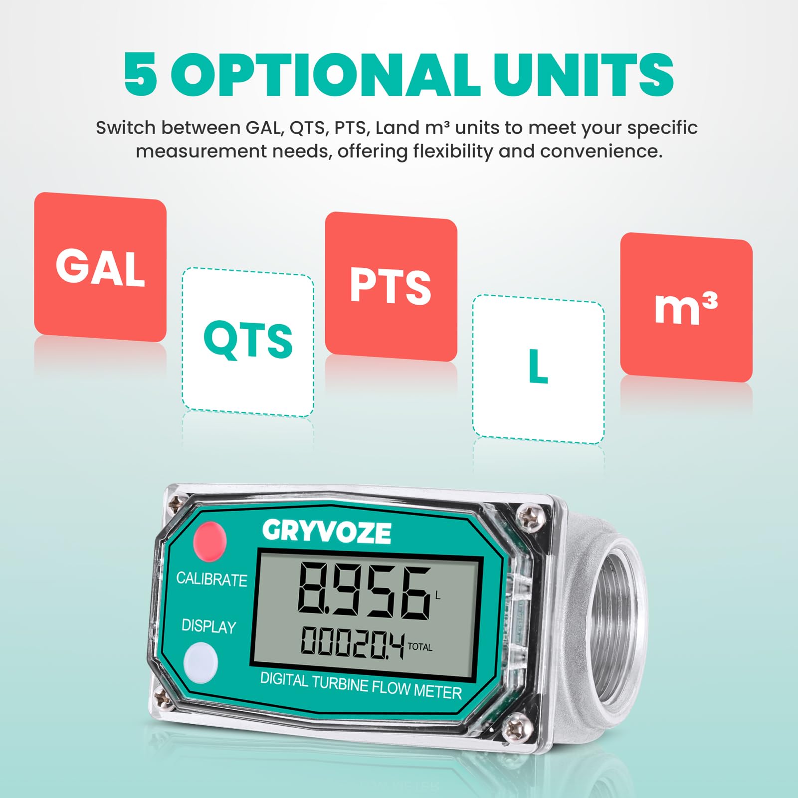 GRYVOZE 1 Inch Digital Turbine Fuel Flow Meter, 2.6-26 GPM Inline NPT Thread Flowmeter with 3/4 in Adapters for Water, Diesel, Gas Oil, Gasoline, and Other Liquids - Supports Gallon, QTS, PTS, L, m³