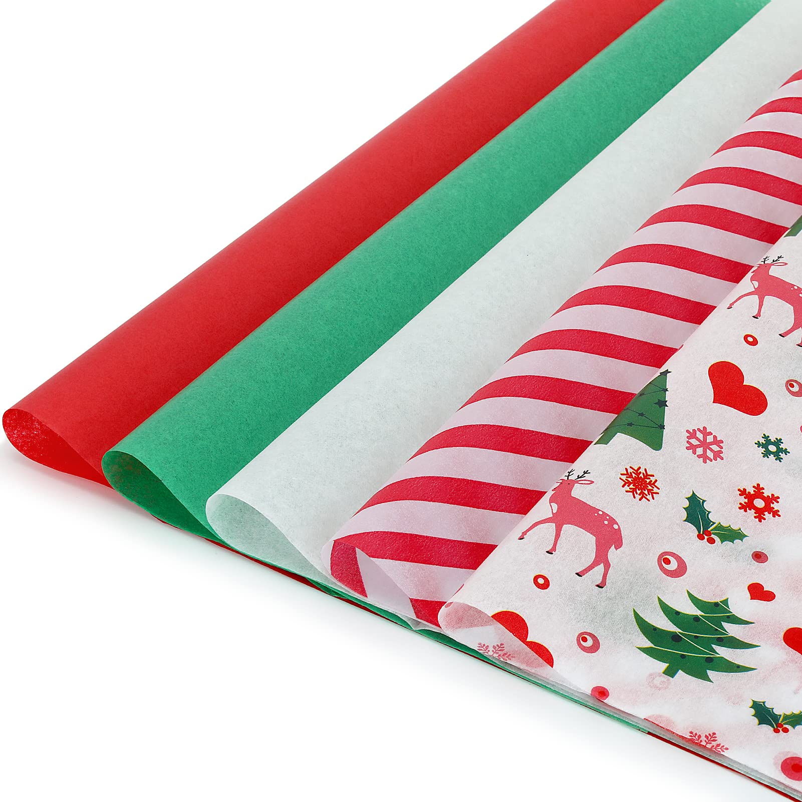 LOADSFUN Christmas Tissue Paper for Gift Bags, 120 Sheets Christmas Wrapping Paper Bulk Assorted Design Tissue Paper, Red Green White Tissue Paper for Xmas Decor Holiday Crafts (Santa Elk)