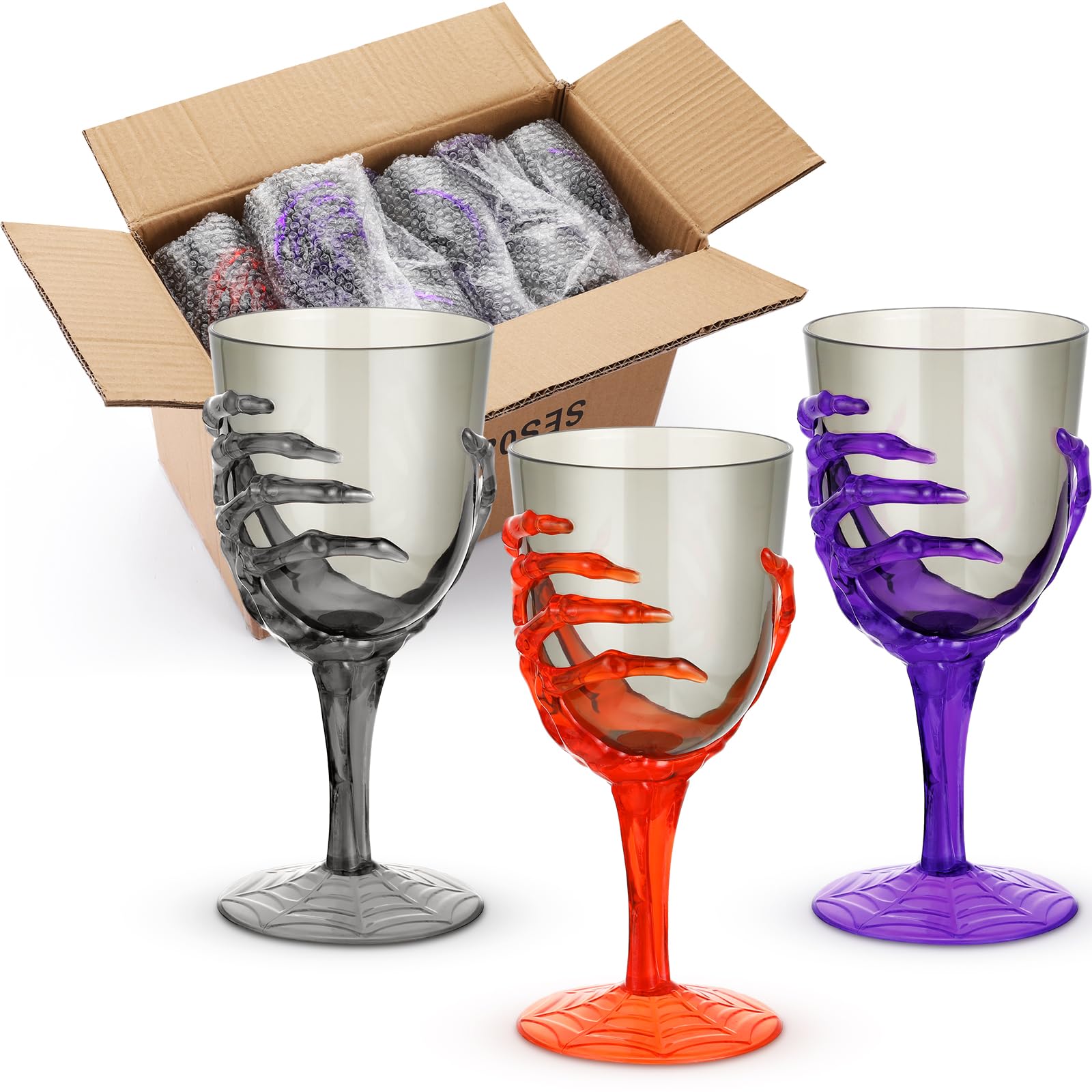 Dandat 24 Pcs Halloween Skeleton Hand Goblets 12oz Plastic Halloween Cups Skull Wine Glass Set Clear Skeleton Wine Glass for Creepy Spooky Halloween Party Decorations(Black, Purple, Orange, Gray)