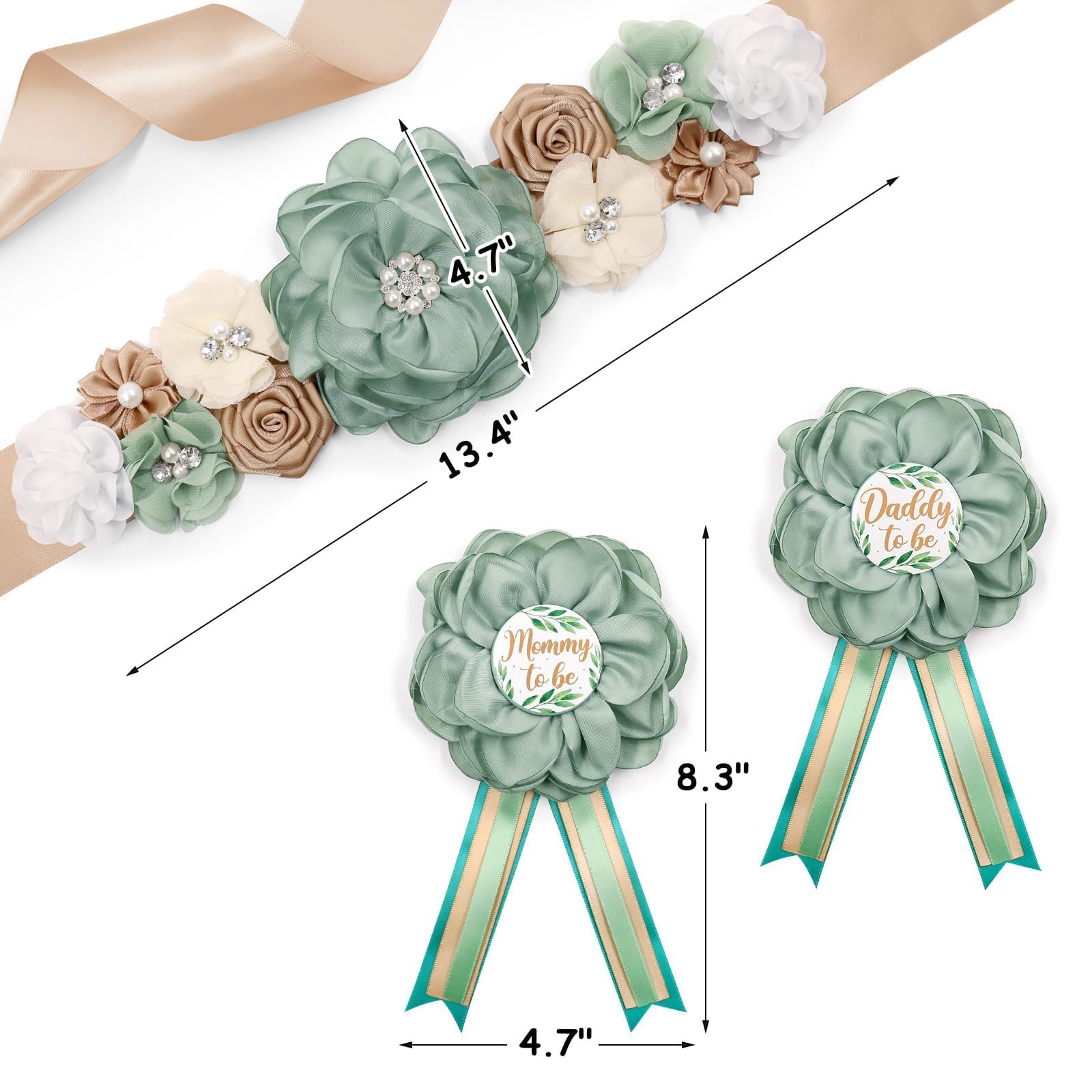 Sage Green Maternity Sash and Corsage Set Mom to Be Daddy to Be Corsage Greenery Theme Baby Shower Decorations Olive Green Belly Band Gender Reveal Party Gift Keepsake Pregnancy Photo Props