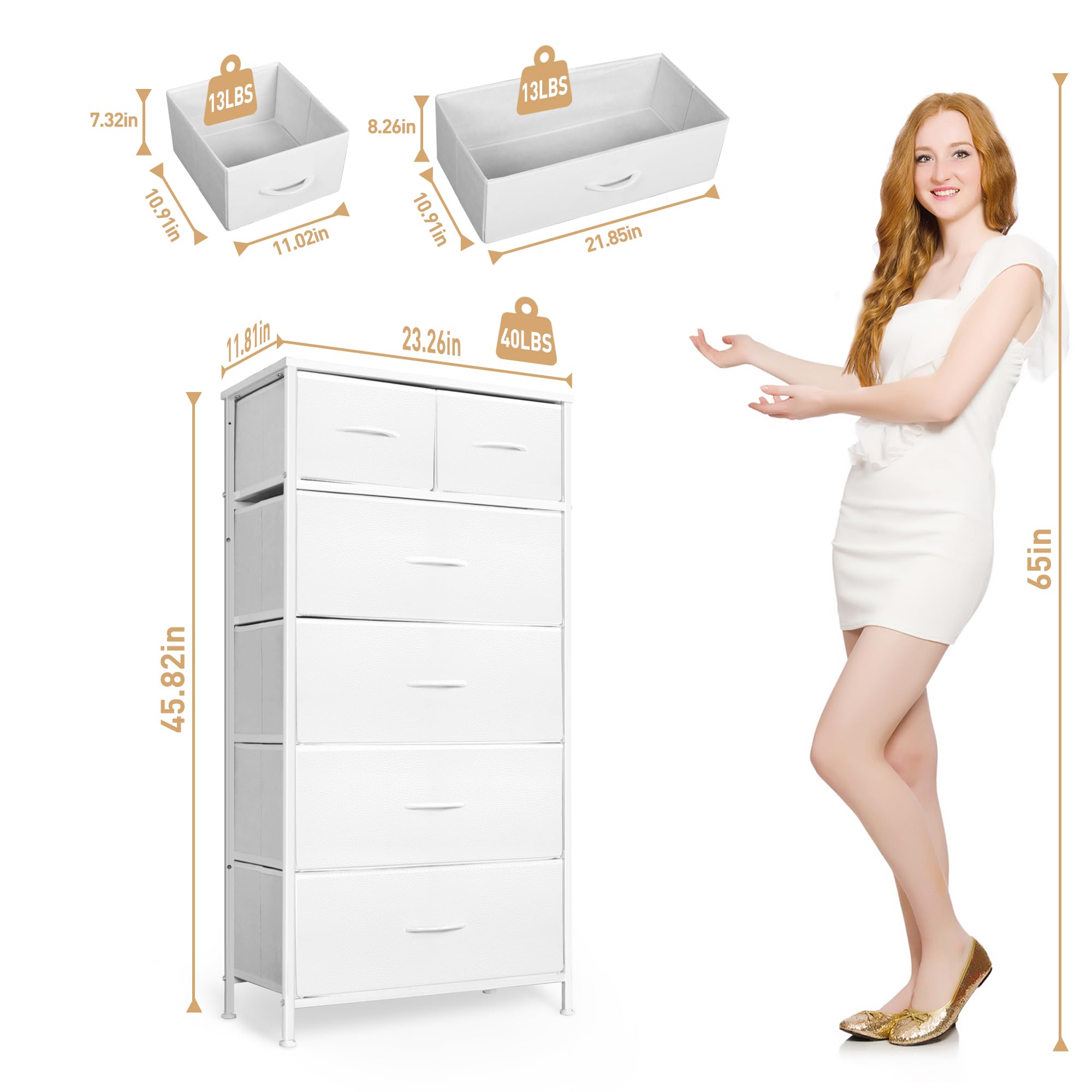 Mifuro Tall Dresser for Bedroom, Vertical Storage Organizer Tower with 6 Drawers, Chest of Drawers with Fabric Bins, Steel Frame, Wood Top for Bedroom, Closet, Entryway- White