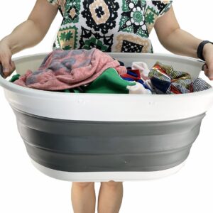 SAMMART 39L (10.3 gallons) Collapsible Plastic Laundry Basket - Foldable Washing Tub - Easy Storage & Pop Up Saving (Grey/Washed Black)