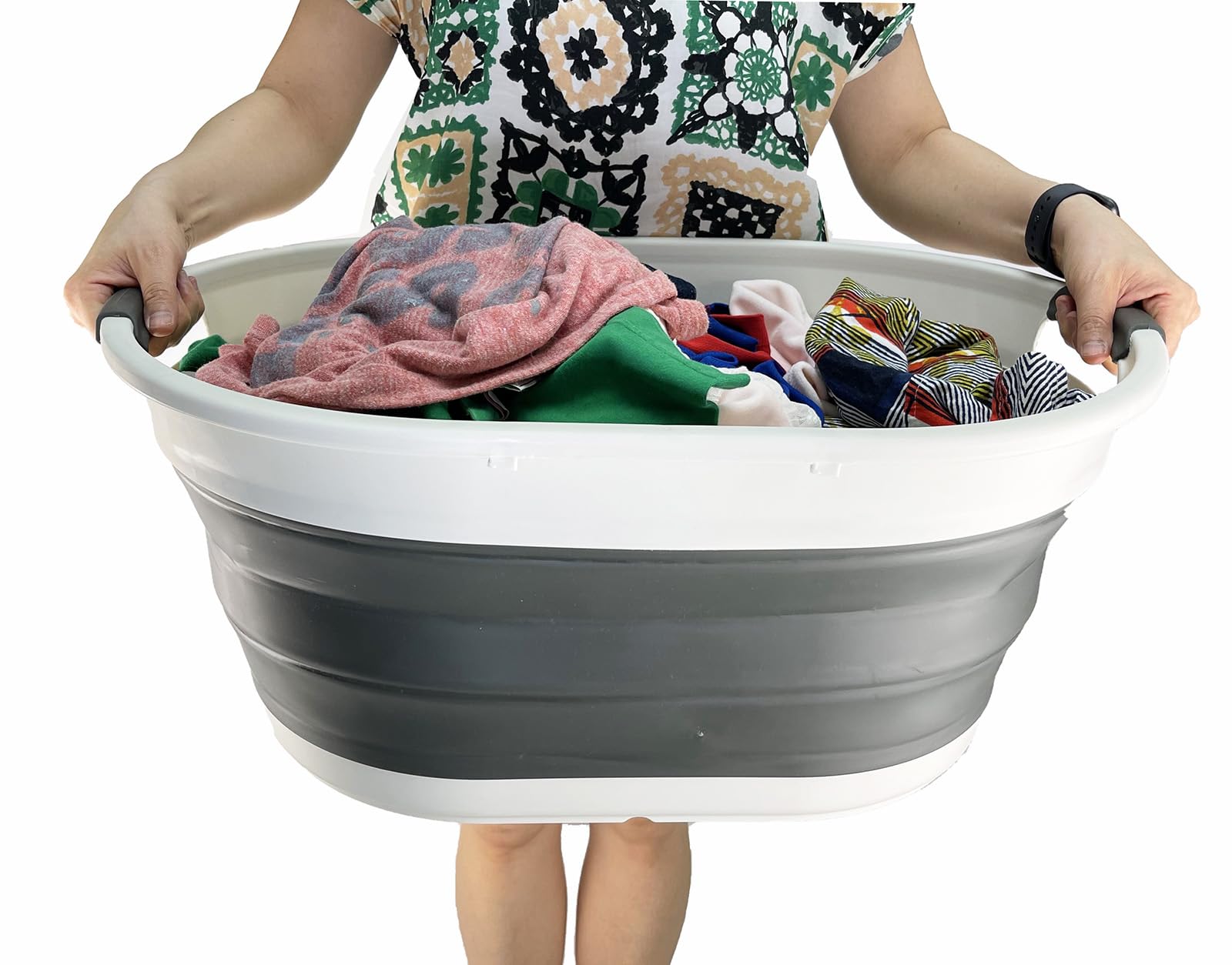 SAMMART 39L (10.3 gallons) Collapsible Plastic Laundry Basket - Foldable Washing Tub - Easy Storage & Pop Up Saving (Grey/Washed Black)