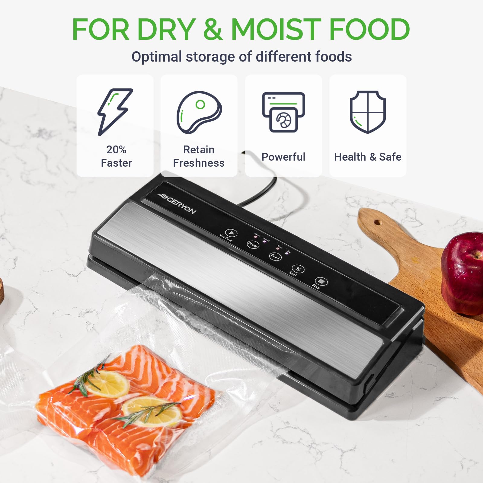 GERYON Vacuum Sealer, Automatic Food Vacuum Sealer Machine, Dry & Moist Food Modes | LED Indicator Lights | Easy-to-Clean | Compact Starter Kit | Ideal for Food Saver Sous Vide, Not for Jars/Cans