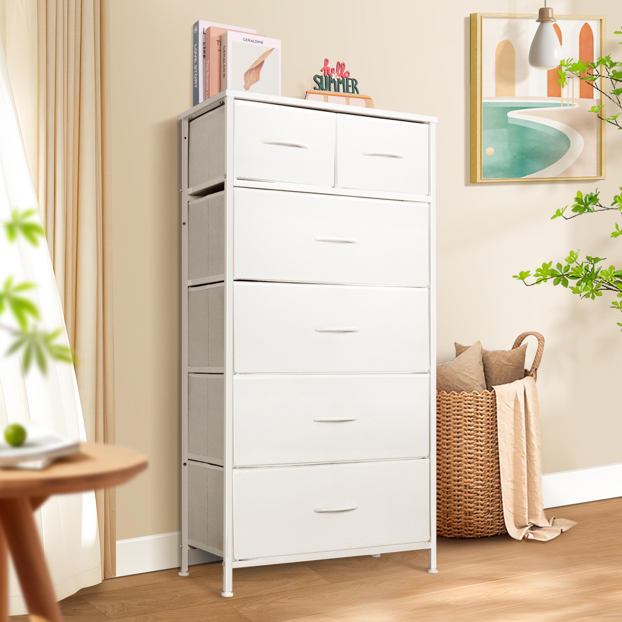 Mifuro Tall Dresser for Bedroom, Vertical Storage Organizer Tower with 6 Drawers, Chest of Drawers with Fabric Bins, Steel Frame, Wood Top for Bedroom, Closet, Entryway- White