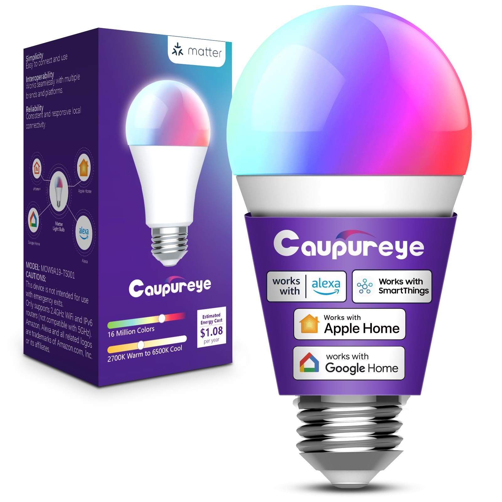 Caupureye Light Bulbs with Matter, Smart Light Bulbs, WiFi Led Light Bulb Works with Alexa/Google Home/Apple Home/SmartThings, Hub Required, Smart Bulb, Color Changing Light Bulb, A19, E26, 1 Pack