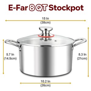 E-far 8 Quart Stock Pot with Lid, 18/10 Tri-ply Stainless Steel Stockpot for Induction Ceramic Gas Stoves, Heavy Duty Cooking Pot for Pasta Soup Stewing Simmering, Oven and Dishwasher Safe