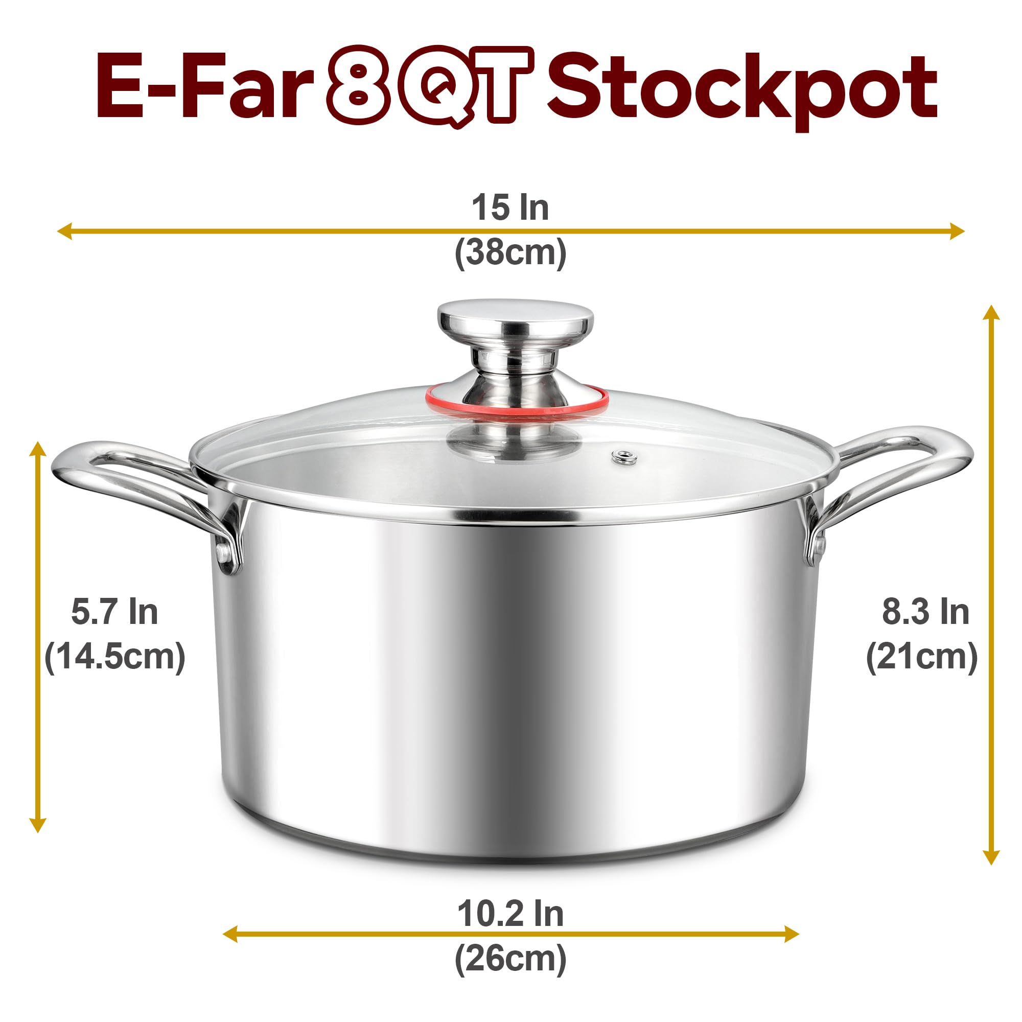 E-far 8 Quart Stock Pot with Lid, 18/10 Tri-ply Stainless Steel Stockpot for Induction Ceramic Gas Stoves, Heavy Duty Cooking Pot for Pasta Soup Stewing Simmering, Oven and Dishwasher Safe