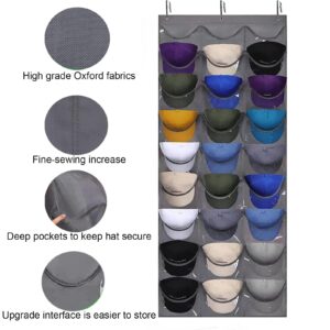 Mosghuiy Hat Rack for Baseball Caps: Hat Organizer Storage with 27 Deep Pockets - Hat Racks for Baseball Caps Hanging Over The Door Closet with 3 Hooks, Hat Hanger Organizers and Storage Holder, Grey