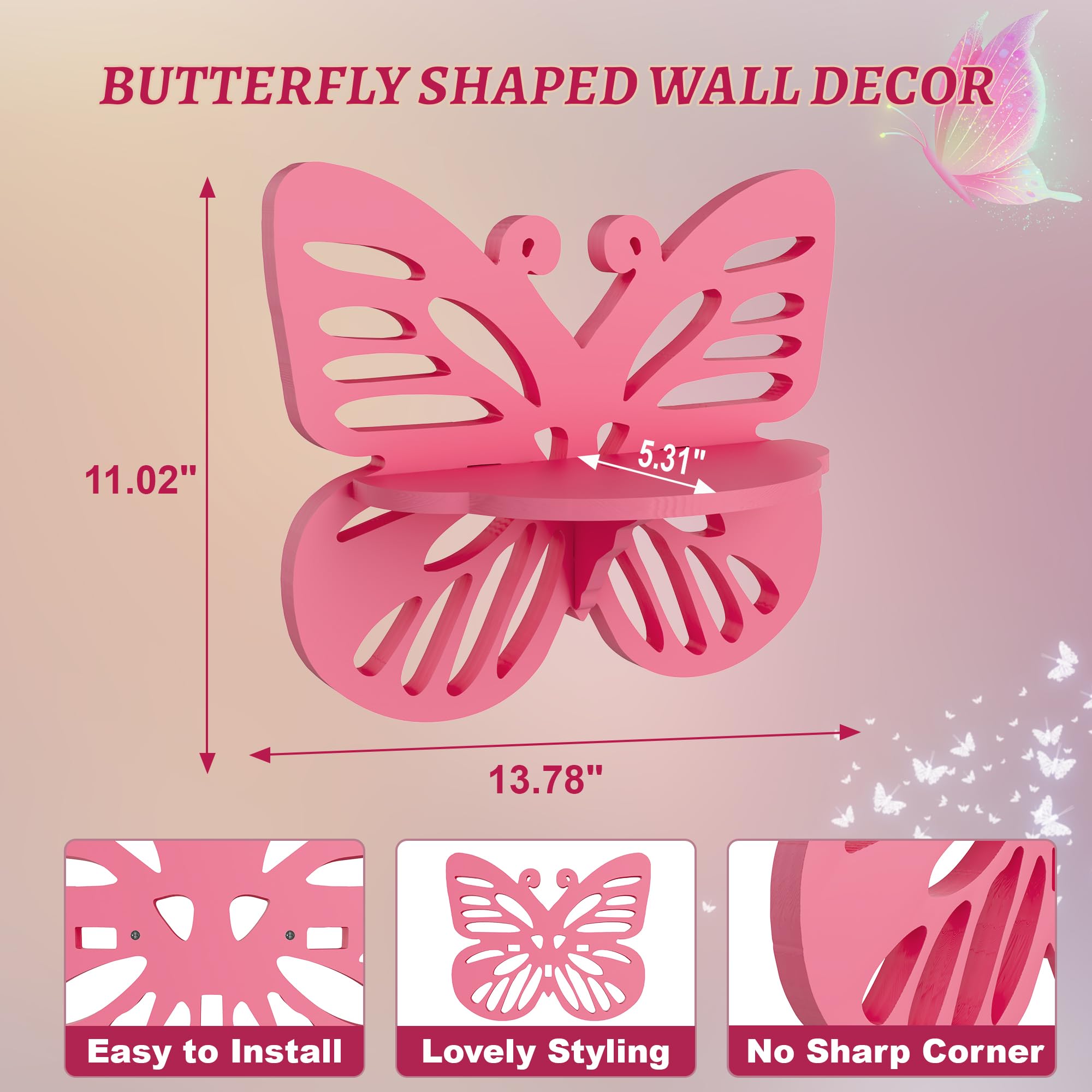 Pink Butterfly Shaped Floating Shelf for Girl’s Room, Cute Wall Display Rack for Nursery Decor, Small Decorative Shelf Wall Mounted, Wood Hanging Wall Shelf for Toys, Plants and Decorations Storage