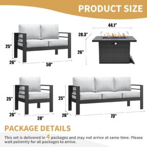 LayinSun Aluminum Furniture Set with Fire Pit Table, 5 Pieces Patio Sectional Conversation Chat Sofa Modern Seating Set