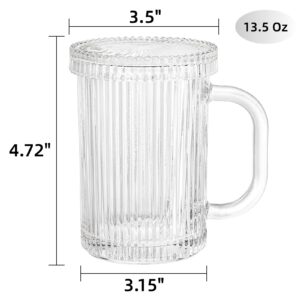 Noamus 2 Pack Coffee Mugs with Glass Lid, 13 oz Clear Ribbed Vertical Stripes Tea Cup, Premium Classic Drinking Glassware Set for Hot Cold Beverage, House Warming Christmas Anniversary Birthday Gift