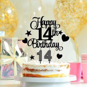 14th Birthday Cake Decorations Set Include 14th Birthday Candles Numeral 14 Cake Candles and Happy 14th Birthday Cake Toppers with Heart Star Cupcake Picks for Birthday Party (Black Series)