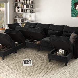 LLappuil Black Sectional Couch U Shaped 7 Seats, Chenille Sectionals Sofa Large Modular Sectional Sofa for Living Room with Reversible Chaise, Storage Seat, Deep Cushion