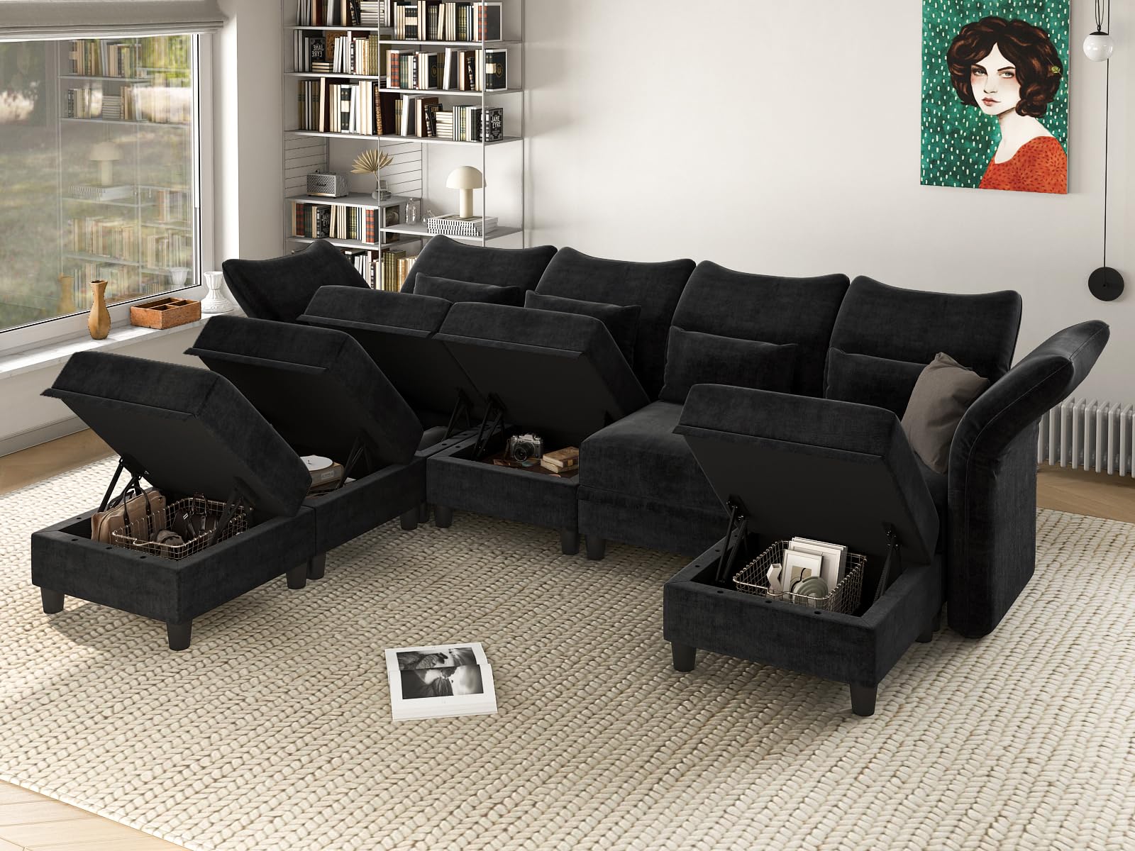 LLappuil Black Sectional Couch U Shaped 7 Seats, Chenille Sectionals Sofa Large Modular Sectional Sofa for Living Room with Reversible Chaise, Storage Seat, Deep Cushion