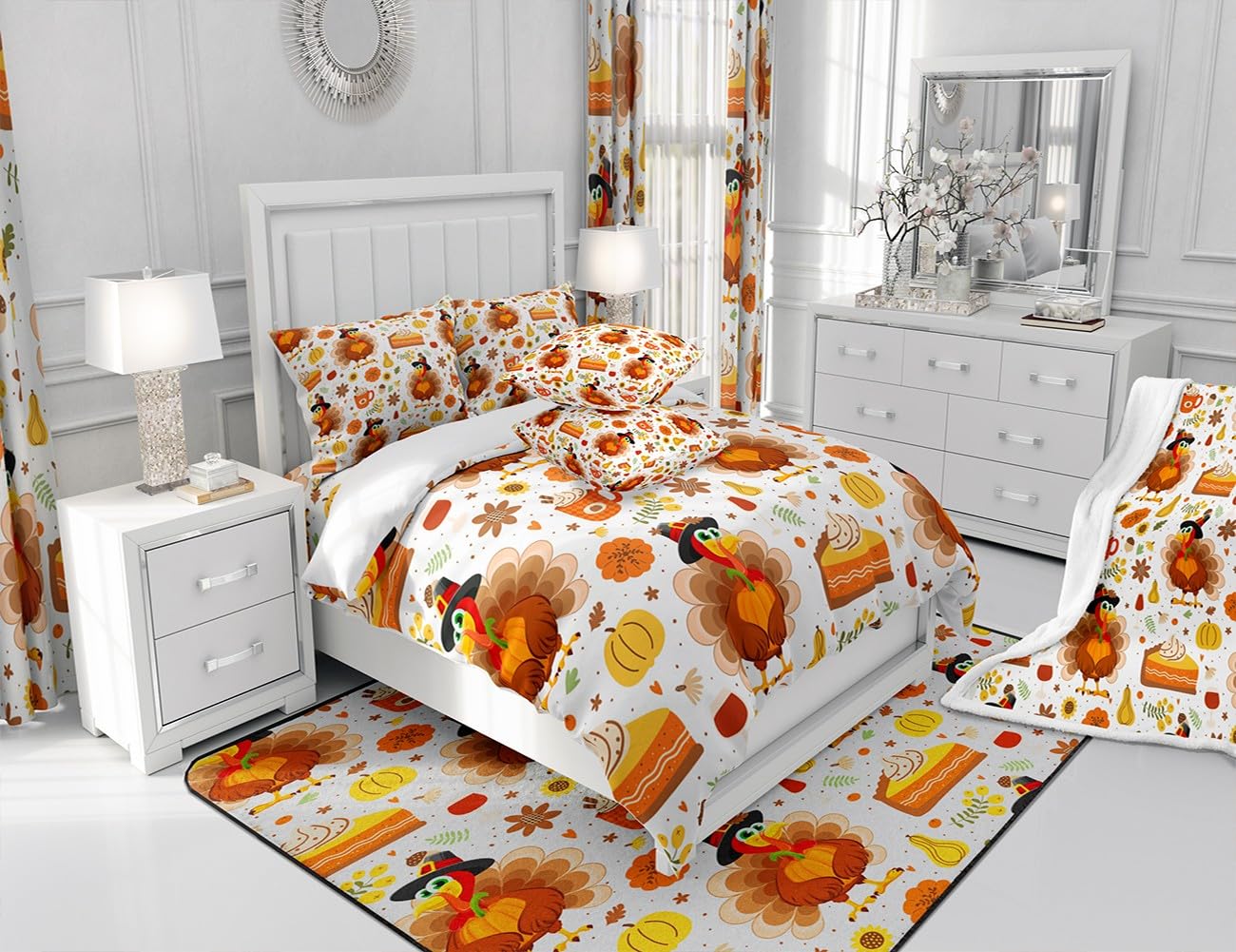 Fall Turkey Fitted Sheet for Girls Boys Kids Twin Size Happy Thanksgiving Autumn Harvest Bedding Set Room Decorative Maple Leaves Cake Bed Sheet Set Farmhouse Bed Cover Deep Pocket Bed Set