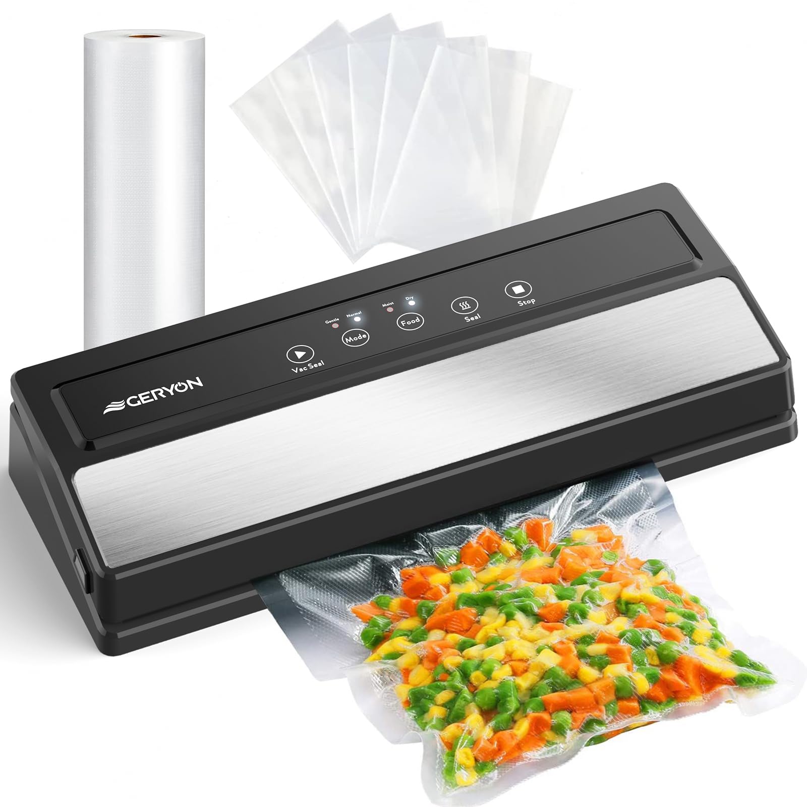 GERYON Vacuum Sealer, Automatic Food Vacuum Sealer Machine, Dry & Moist Food Modes | LED Indicator Lights | Easy-to-Clean | Compact Starter Kit | Ideal for Food Saver Sous Vide, Not for Jars/Cans