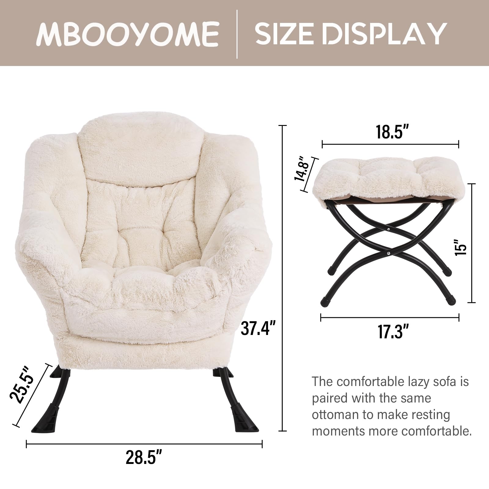 MBOOYOME Lazy Chair with Ottoman, Modern Accent Chair Contemporary Lounge Leisure Upholstered Sofa Chair Set with Armrests, Reading Chair for Living Room, Bedroom, Office, Plush Beige