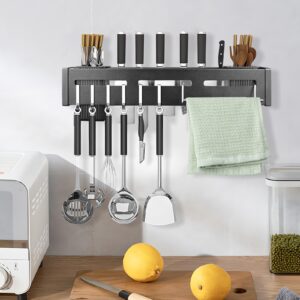 16In Stainless Steel Kitchen Knife Holder Wall Mounted with Hooks, Heavy Duty Adhesive Knife Strip for Wall, Kitchen Knife Storage Block, Knife Rack Organizer for Hanging Spoon Chopsticks (40cm)