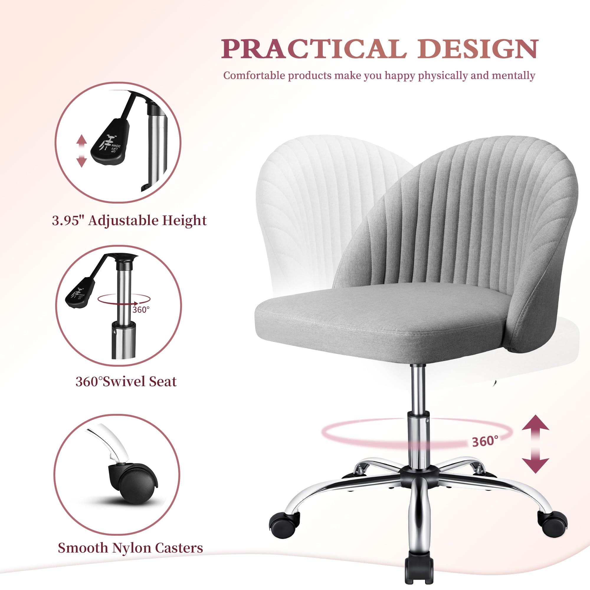 JUMMICO Home Office Desk Chair Vanity Chair Twill Upholstered Adjustable Mid-Back Armless Swivel Task Chair Modern Fabric Office Chairs with Wheels for Bedroom, Living Room (Pale Gray)