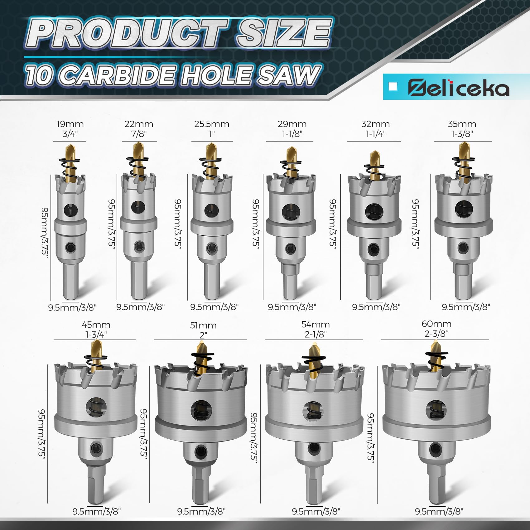 Zeliceka TCT 14 pcs Carbide Hole Saw Kit for Hard Metal, Heavy Duty Carbide Tungsten Carbide Tipped Hole Saw Set, with 1 Aluminum Box 2 Extra Pilot Drill Bits and 2 Hex Key