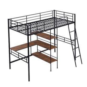 P PURLOVE Twin Size Metal Loft Bed with Desk for Kids,Girls,Boys,Twin High Loft Bed with Storage Shelves and Built in Ladder for Living Room,No Box Spring Needed,Black