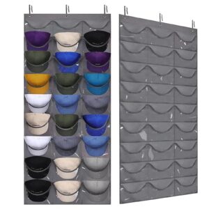 mosghuiy hat rack for baseball caps: hat organizer storage with 27 deep pockets - hat racks for baseball caps hanging over the door closet with 3 hooks, hat hanger organizers and storage holder, grey