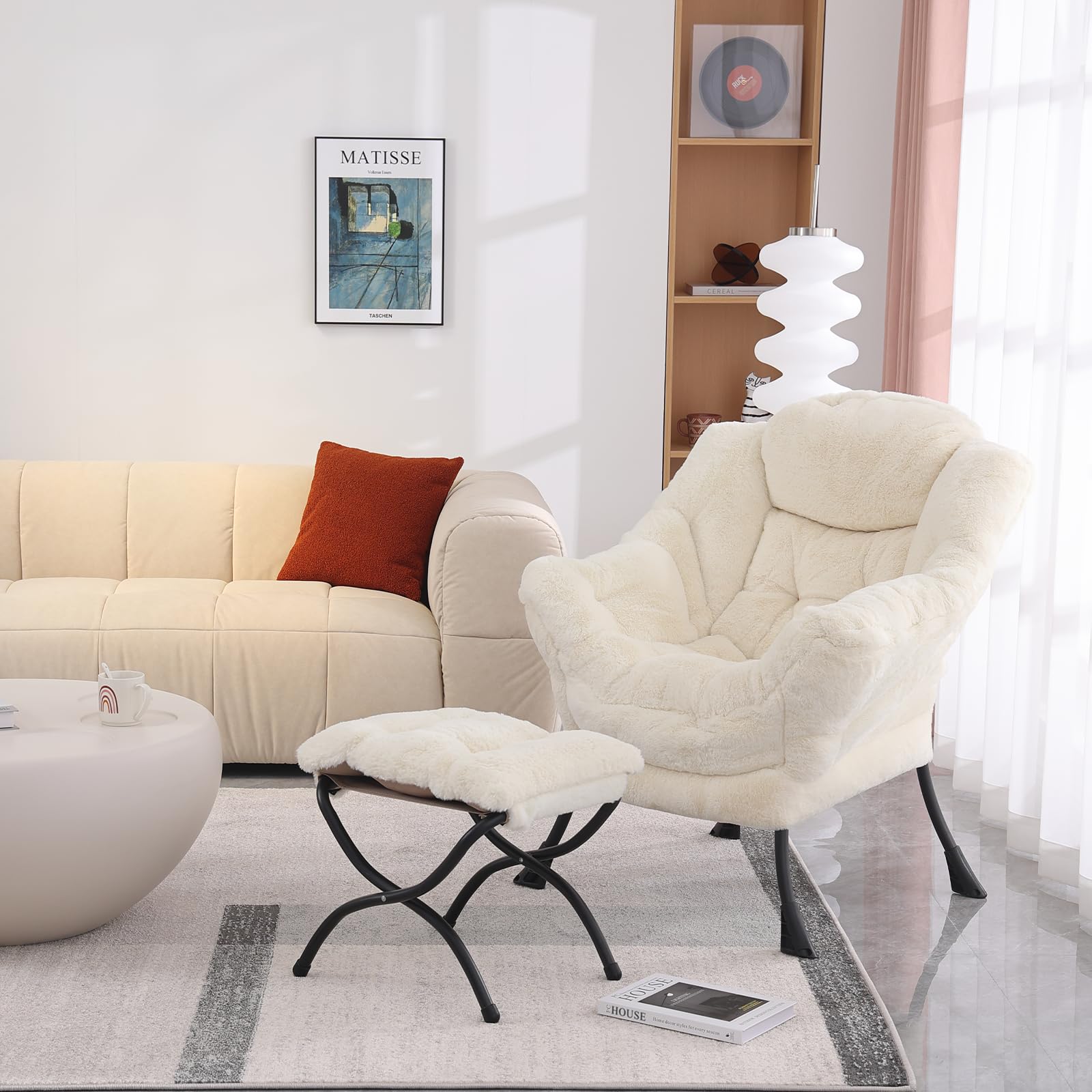 MBOOYOME Lazy Chair with Ottoman, Modern Accent Chair Contemporary Lounge Leisure Upholstered Sofa Chair Set with Armrests, Reading Chair for Living Room, Bedroom, Office, Plush Beige