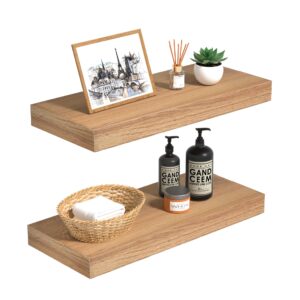 inhabit union oak floating shelves wood for wall 15.7in wall mounted display ledge shelves perfect for bedroom, bathroom, living room and kitchen decoration storage…