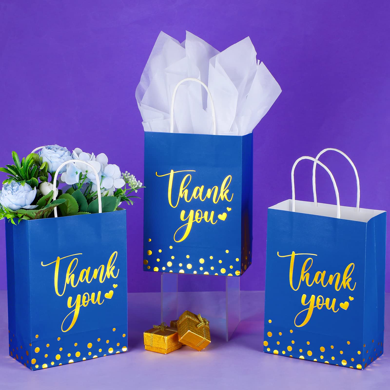 Tinlade 12 Pcs Thank You Gift Bags with Tissue Paper Gold Polka Dots Thank You Gift Bags with Handle for Wedding Birthday Baby Shower Business Shopping Party Supplies and Gifts (Royal Blue)