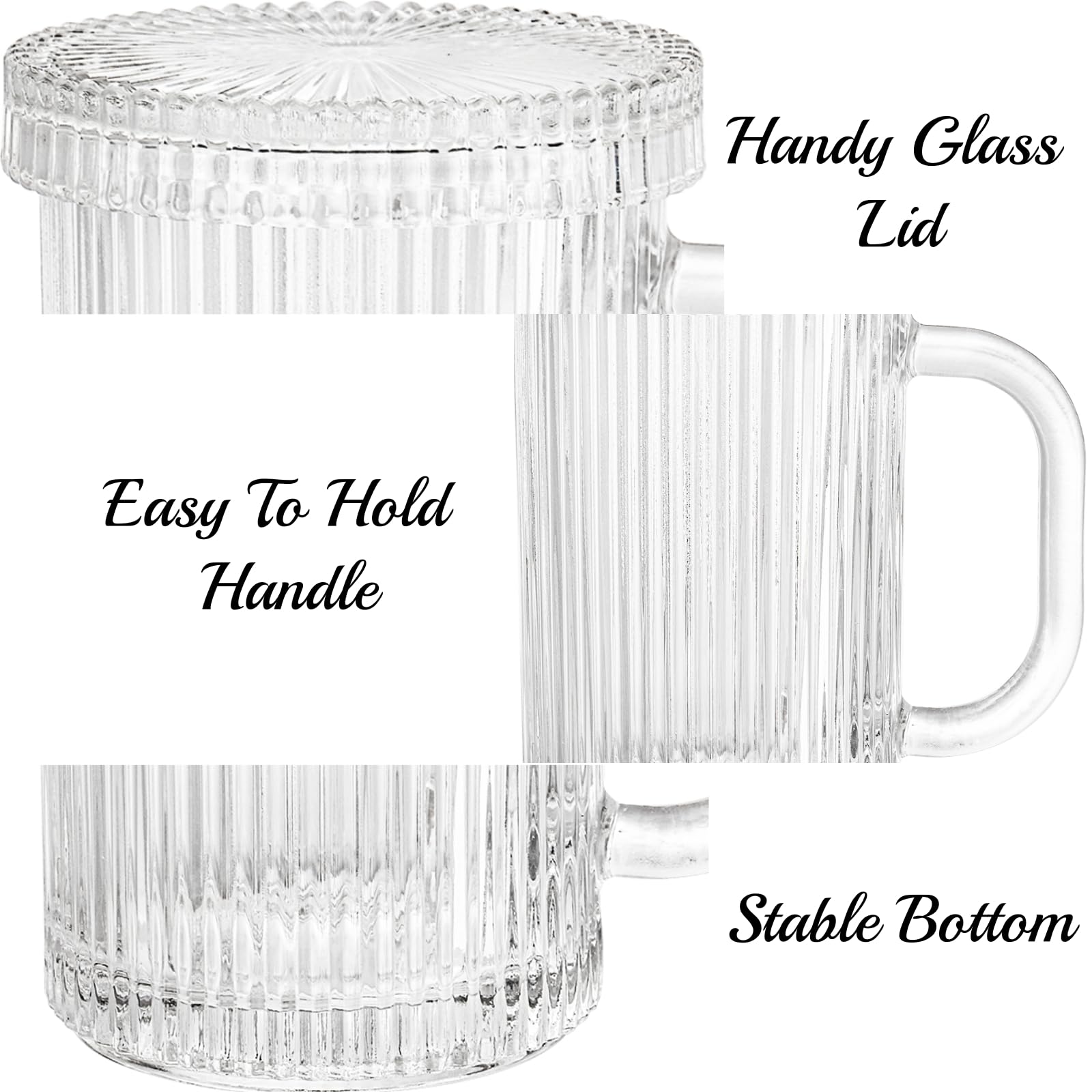 Noamus 2 Pack Coffee Mugs with Glass Lid, 13 oz Clear Ribbed Vertical Stripes Tea Cup, Premium Classic Drinking Glassware Set for Hot Cold Beverage, House Warming Christmas Anniversary Birthday Gift