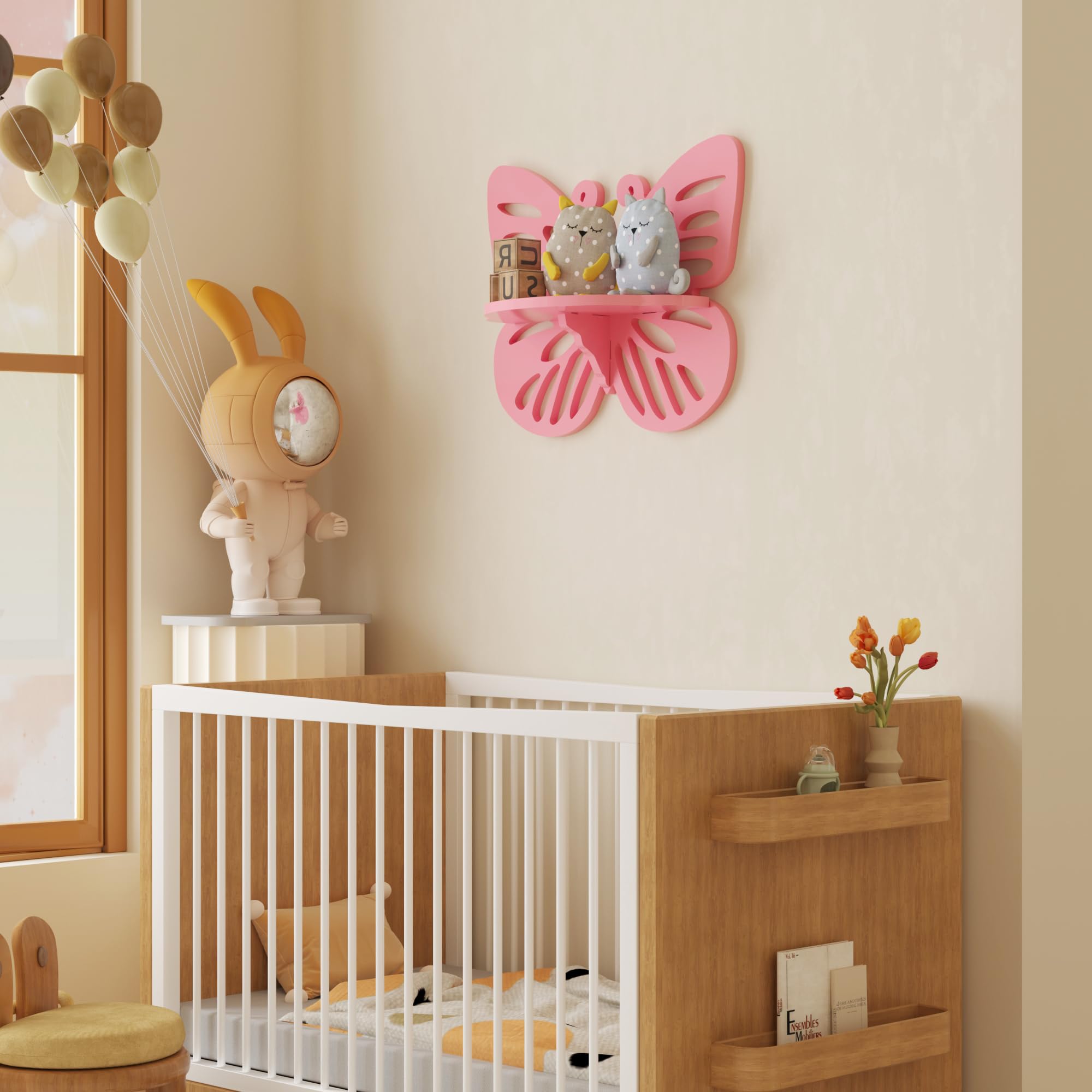 Pink Butterfly Shaped Floating Shelf for Girl’s Room, Cute Wall Display Rack for Nursery Decor, Small Decorative Shelf Wall Mounted, Wood Hanging Wall Shelf for Toys, Plants and Decorations Storage