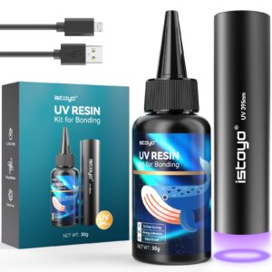 istoyo uv resin kit with light, 30g uv resin with rechargeable uv flashlight 395nm, fast curing in seconds for bonding, jewelry, plastic or glass repair, stains detection