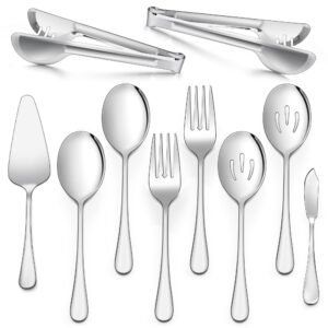 e-far large serving utensils set of 10, stainless steel serving spoon, slotted spoon, fork, tong, cake server and butter knife for parties buffet banquet kitchen, mirror finish & dishwasher safe