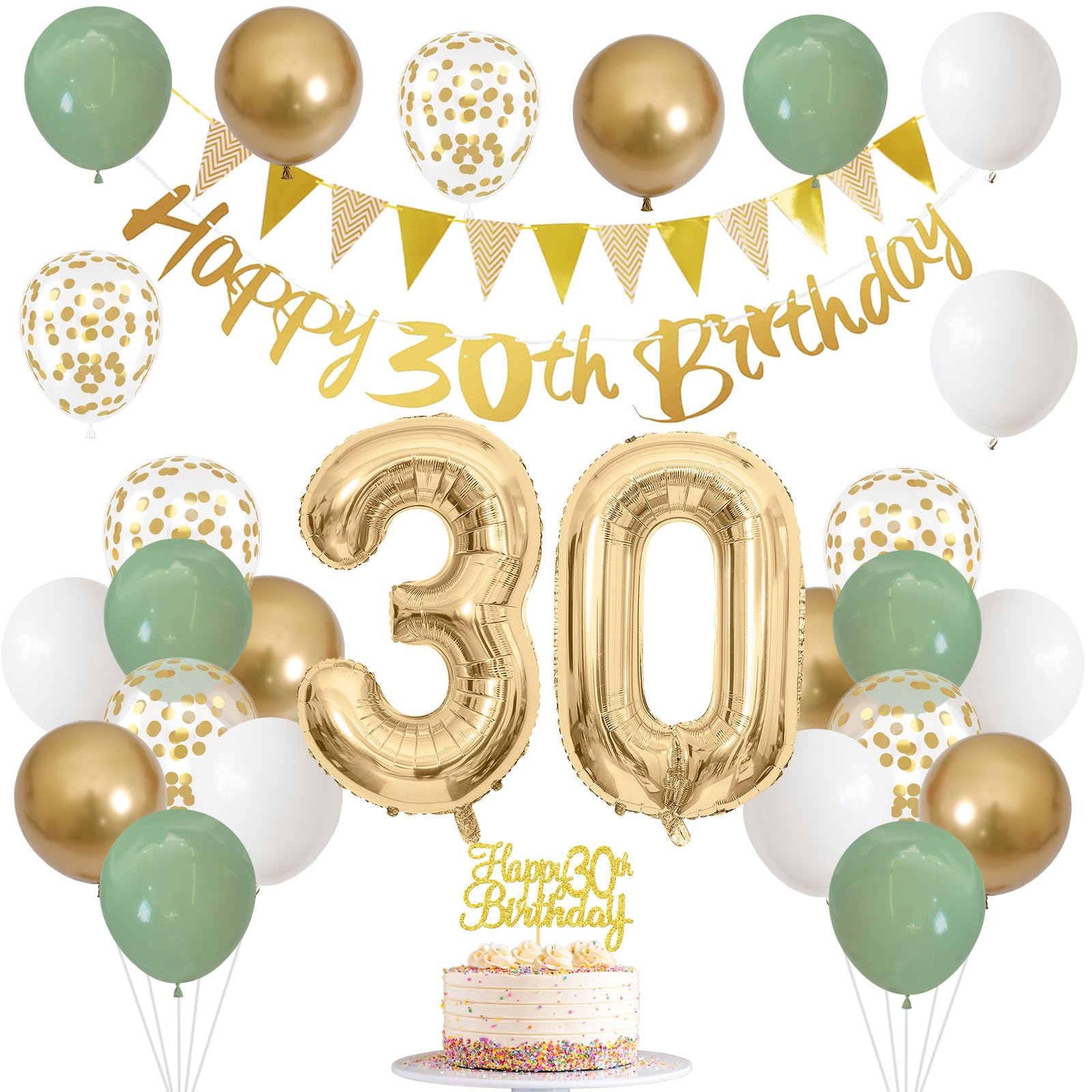 30th Birthday Decorations for Women Men, Happy 30th Birthday Banner with Birthday Cake Topper Number 30 Foil Balloon Sage Green White Gold Birthday Balloons for 30 Year Old Birthday Party Decoration