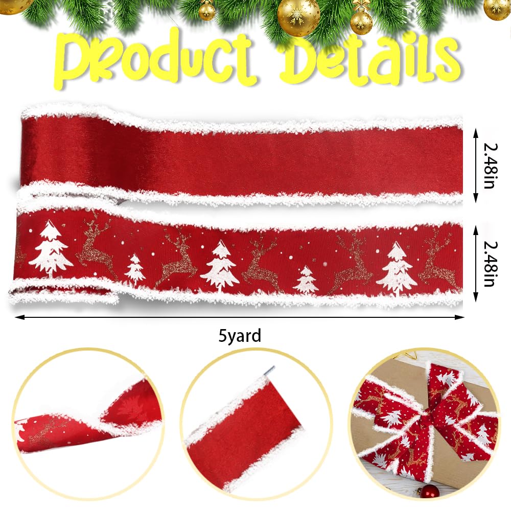 ABTOLS 2 Roll 20 Yards Christmas Ribbons 2.5", Red Velvet Wired Edge Burlap Ribbons Glitter Christmas Elk Deer Ribbons for New Year Home Decor DIY Crafts Wreaths Bow