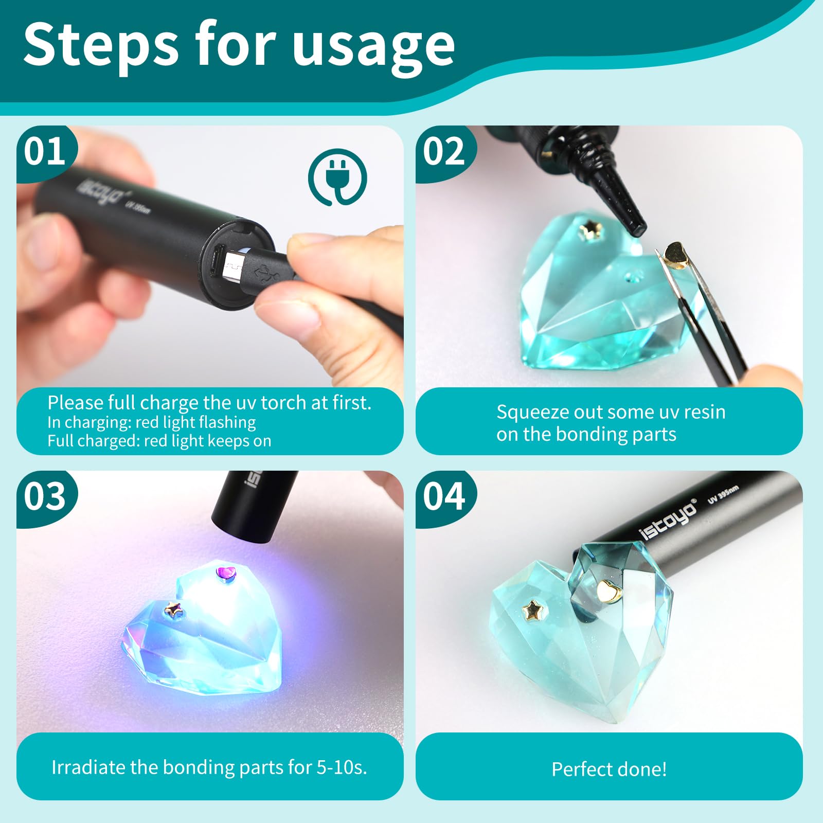 ISTOYO UV Resin Kit with Light, 30g UV Resin with Rechargeable UV Flashlight 395NM, Fast Curing in Seconds for Bonding, Jewelry, Plastic or Glass Repair, Stains Detection