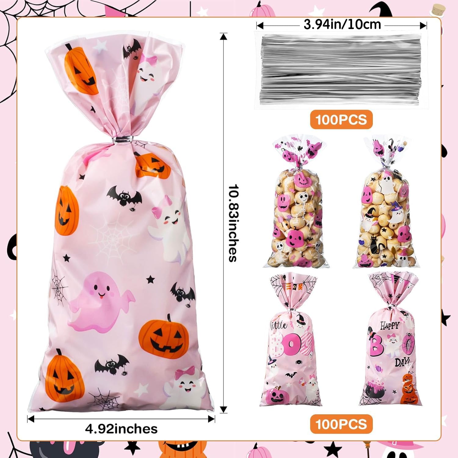 Yeaqee 100 Pcs Halloween Little Boo Baby Shower Favor Bags Pink Halloween Candy Treat Bags Bulk Little Boo Goody Gift Bags for Halloween Theme Kids Birthday Baby Shower Party Favors Supplies