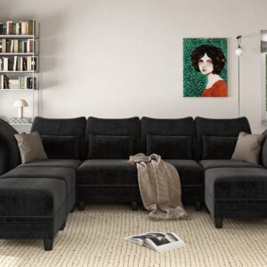 LLappuil Black Sectional Couch U Shaped 7 Seats, Chenille Sectionals Sofa Large Modular Sectional Sofa for Living Room with Reversible Chaise, Storage Seat, Deep Cushion