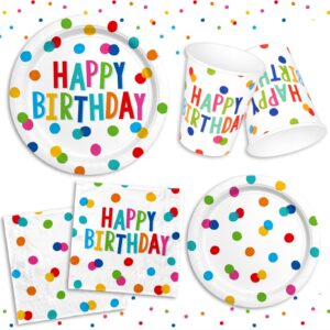 Happy Birthday Decorations: Kids' Birthday Party Supplies with Dots Design - Includes Happy Birthday Plates and Napkins, Disposable Paper Cups, Serves 16