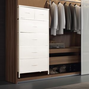 Mifuro Tall Dresser for Bedroom, Vertical Storage Organizer Tower with 6 Drawers, Chest of Drawers with Fabric Bins, Steel Frame, Wood Top for Bedroom, Closet, Entryway- White